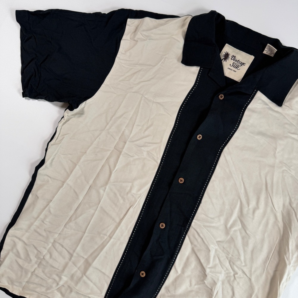 Vintage Silk Bowling Shirt XL Silk Rayon Black Cream Colorblock Retro Camp NWT